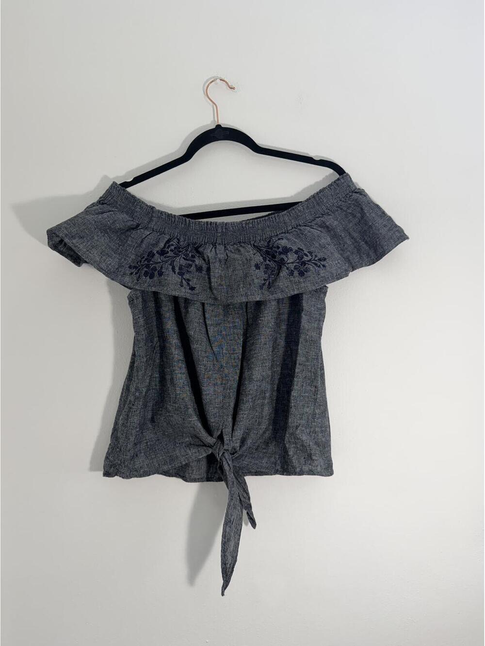 Love Tree Women's Off-Shoulder Linen Cotton Blend Top with Front Tie, Size Large